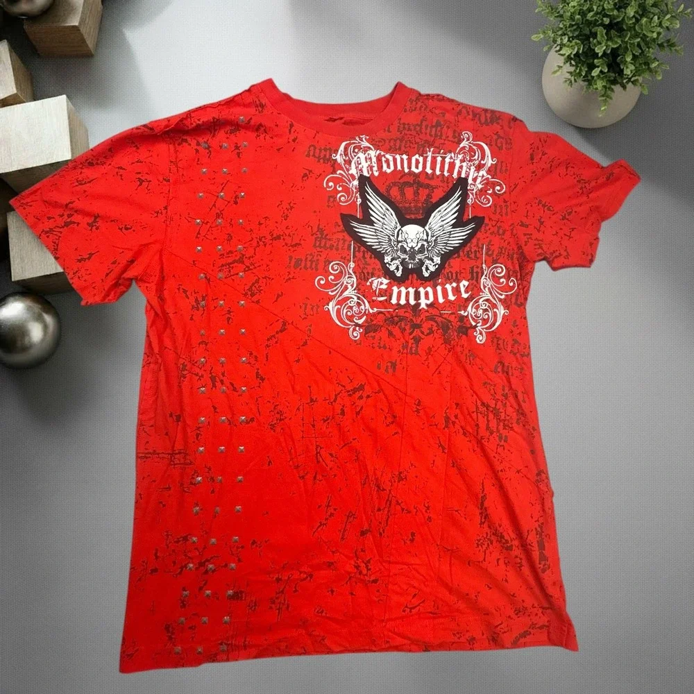 Monolithic Empire Red Graphic Tee Vintage Y2K Skulls Studded Biker Shirt Large